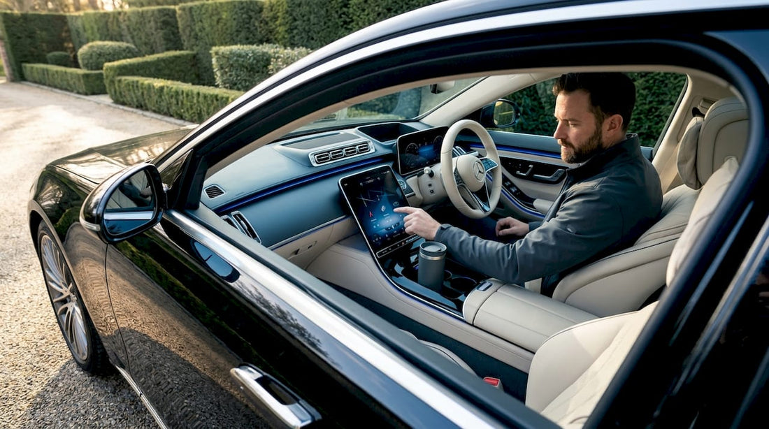 Luxury sedan interior with sunlight and driver