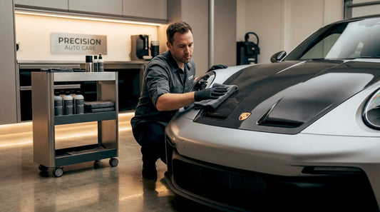 Technician inspects carbon fiber Porsche hood