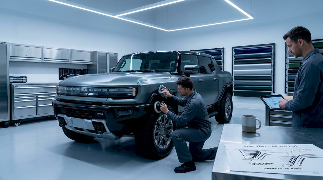 Custom Hummer EV in busy auto workshop