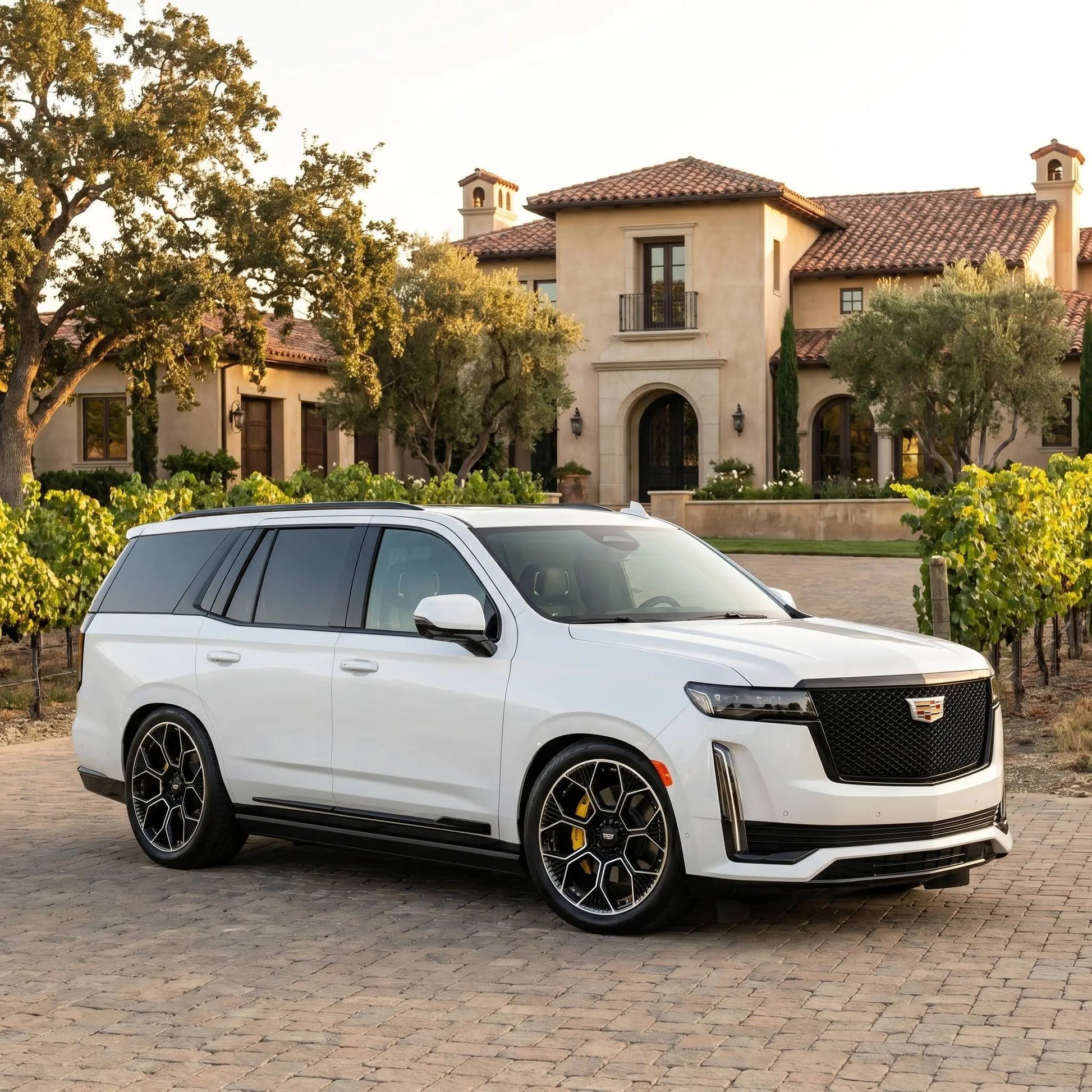 White 2024 Cadillac Escalade on 24 inch wheels by Players Club Cars