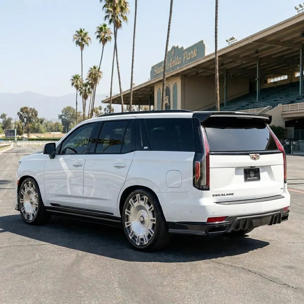 Cadillac Escalade on 23” carbon fiber wheels by Players Club Cars at Santa Anita Park in Arcadia, CA